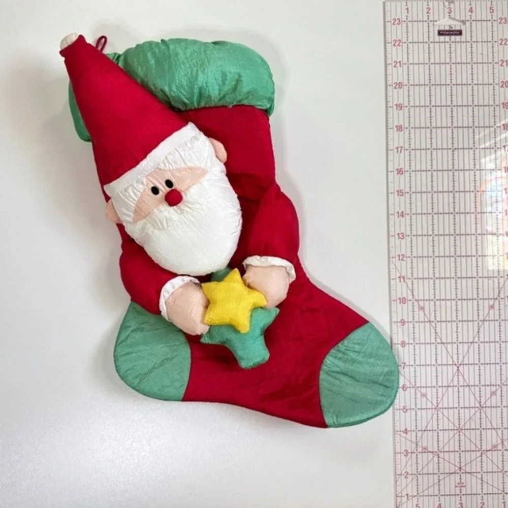 Vintage 1990s 3D Kids Puffy Puffalump Stuffed Nylon Santa Christmas Stocking 15